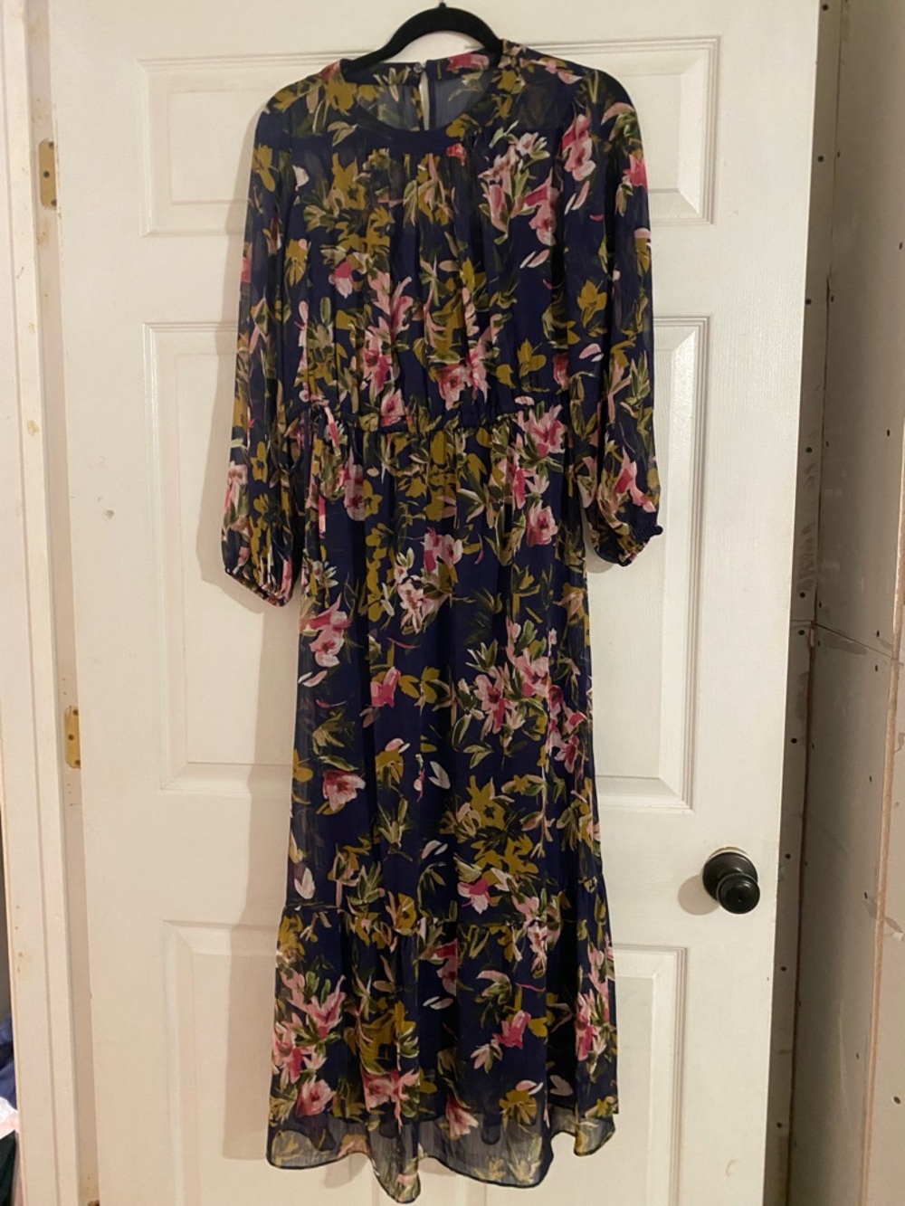 Maggy London Navy Maxi Dress with Pink & Olive Floral Motif